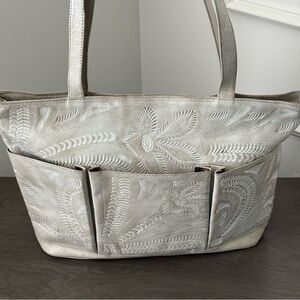 Made by JL Salivar, in Paraguay.  Cream Tooled Leather Tote Bag.